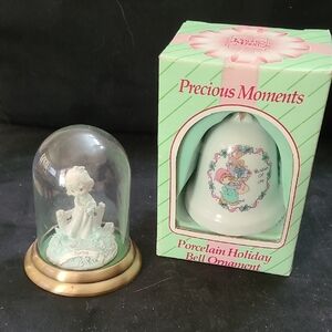 Precious Moments Green and Gold Porcelain Bell Ornament And Spring Figurine